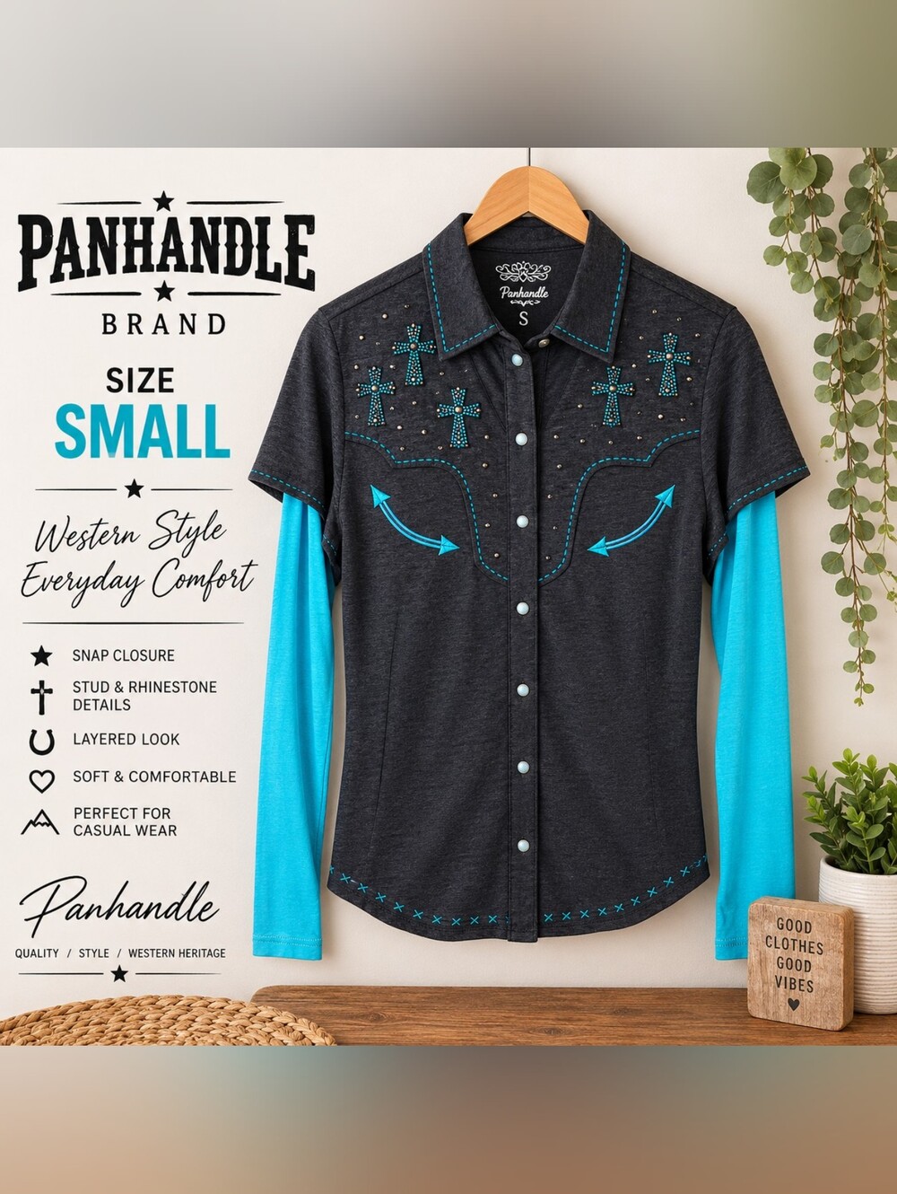 Panhandle Slim Charcoal & Turquoise Layered Western Button-Front Shirt